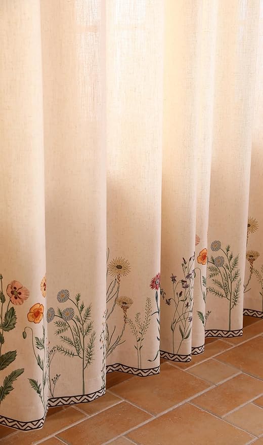 Designer French Linen Printed Curtain, 2 Panels, Light Beige Decor Draps - Image 8