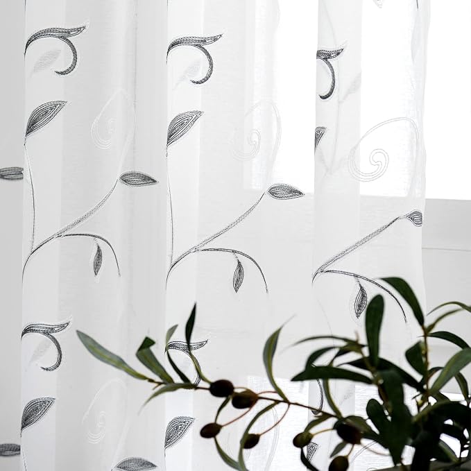 White Sheer Curtains Grey Embroidered Leaves 2 Panels 54Wx84L | Light Filtering - Image 4