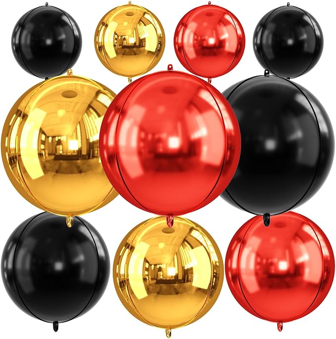 Red Gold Black Round Foil Balloons, Metallic Red Gold Black Foil Baloon by FunHot