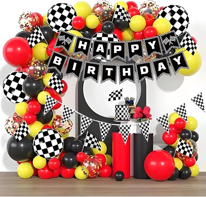MEETINGU Black and White Checkered Flags and Race Car Happy Birthday Banner - Image 6