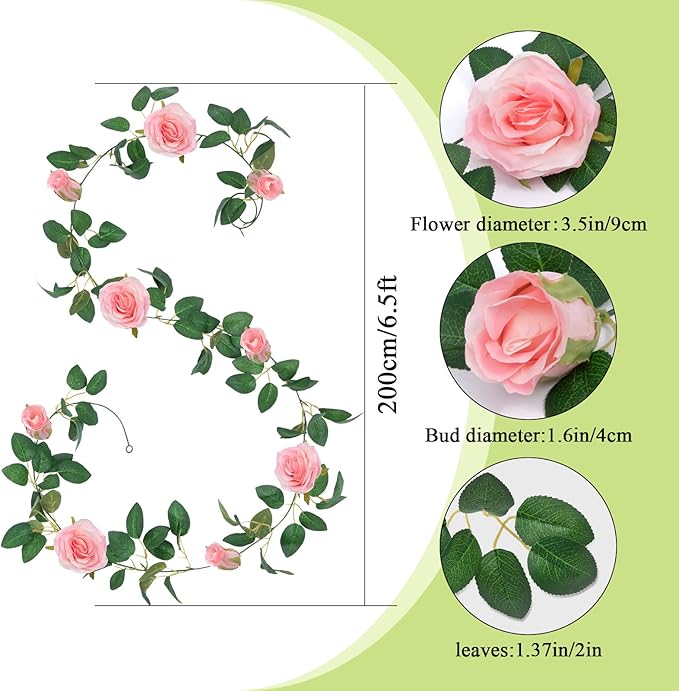 U'Artlines 3 Pack Artificial Pink Rose Vines Floral Garlands Total 19.5 Ft Fake Vine Silk Flower Garland for Indoor Outdoor Home Wedding Arch Garden Wall Decoration