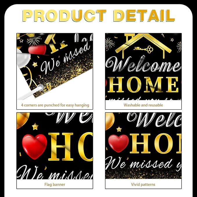 AIBIIN 8x6ft Welcome Home Banner Decorations Black Gold Welcome Home Backdrop - Image 2