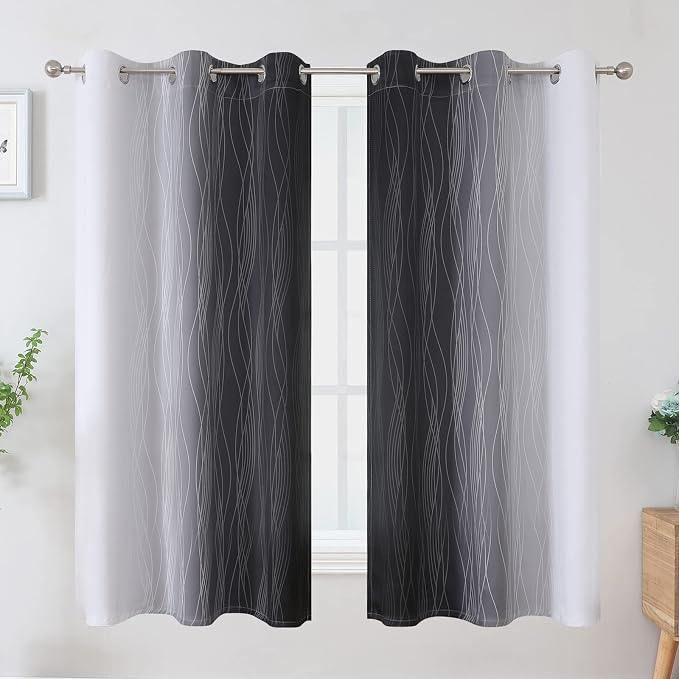 Ombre Greyish White and Black Blackout Curtains & Drapes 63 Inch Length 2 Panels - Image 2