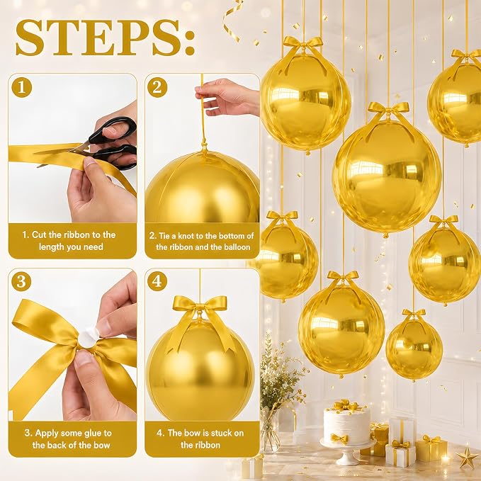 Gold Round Foil Balloons with Satin Bows Ribbon - Image 8