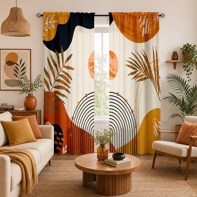 Boho Mid Century Abstract Leaves Curtains 52X84Inch Rainbow Living Room Curtain - Image 2