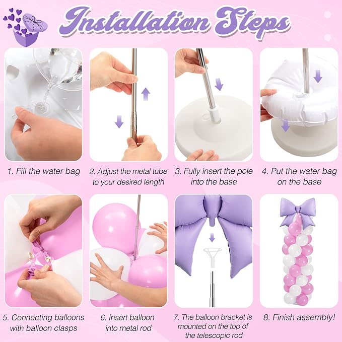 2 Sets Pink Purple White Bow Balloon Column Stand Kit Includes 2 Bows & 100 - Image 2