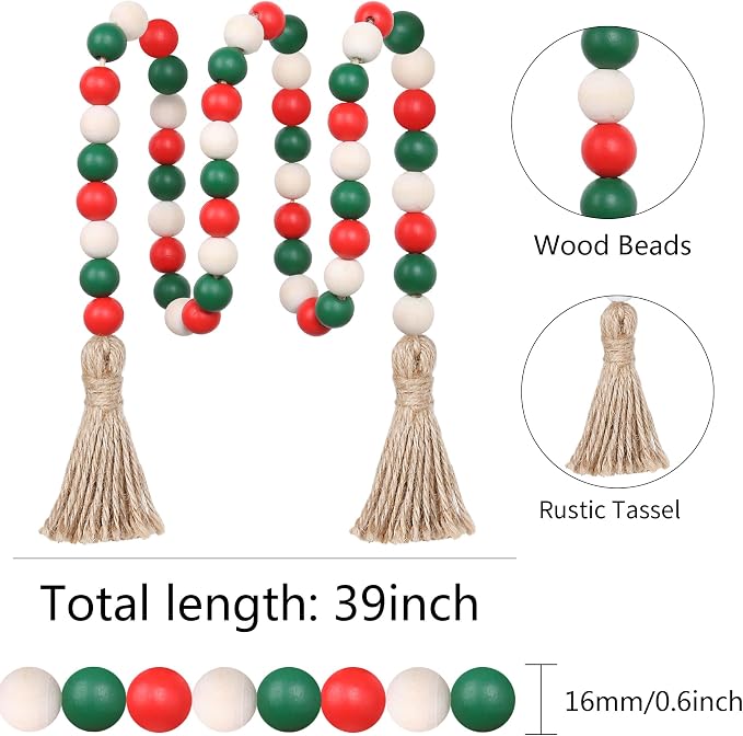 Meplait Wood Bead Garland, 39in Decorative Tassels Garland, Christmas | Natural - Image 6