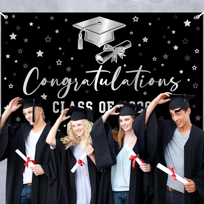 Congratulations Graduation Banner Class of 2026 Backdrop Black Silver Congrats - Image 5