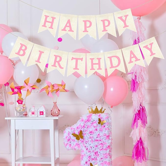 Pink Happy Birthday Banner Pre-strung Burlap Bunting Party Backdrop Sign - Image 5