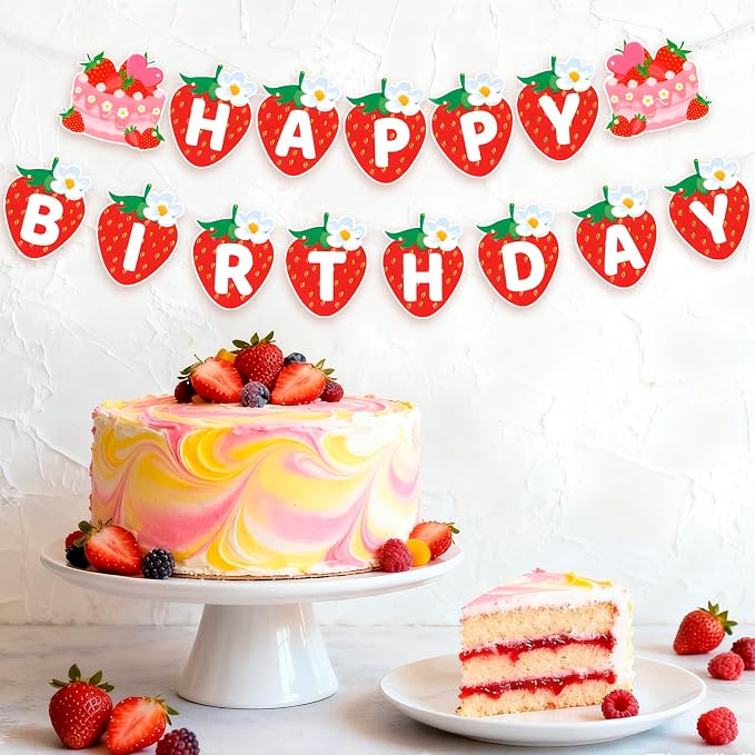 MEETINGU Strawberry Cake Happy Birthday Banner, Strawberry Themed Birthday - Image 4