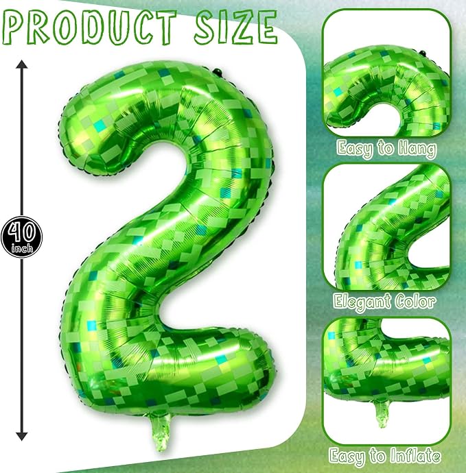 40 Inch Green Pixel Number 2 Balloon, Lime Green Large Foil Number Balloon 2nd - Image 3