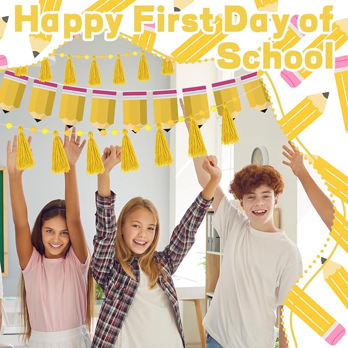 4 Pcs 30 Ft Back to School Banners Decorations Yellow Pencil Tassel Pom Pom - Image 5