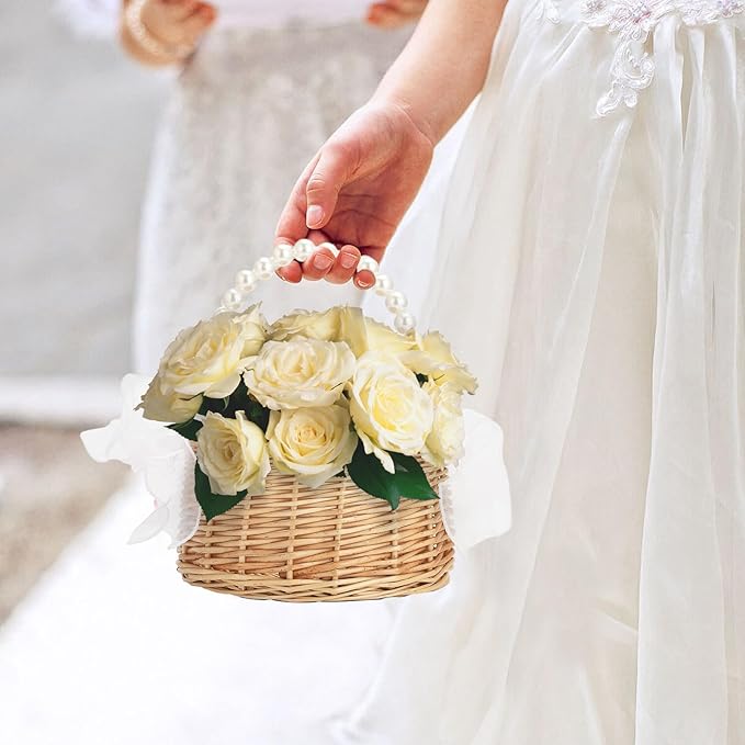 Wicker Rattan Flower Girl Basket Rustic Wedding Flower Girl Basket with Pearl Handle Small Flower Basket for Flower Girl Fairy Wedding Basket Handwoven Easter Baskets for Boys Girls Wedding (1 Pcs)