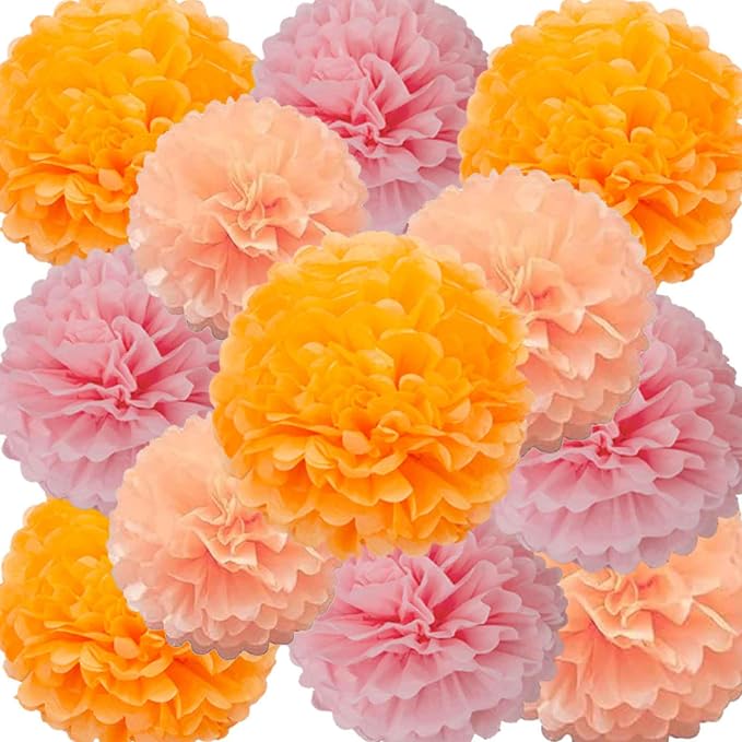 We Moment Orange Pink and Peach Paper Flowers Pom Poms Decorations by We+Moment