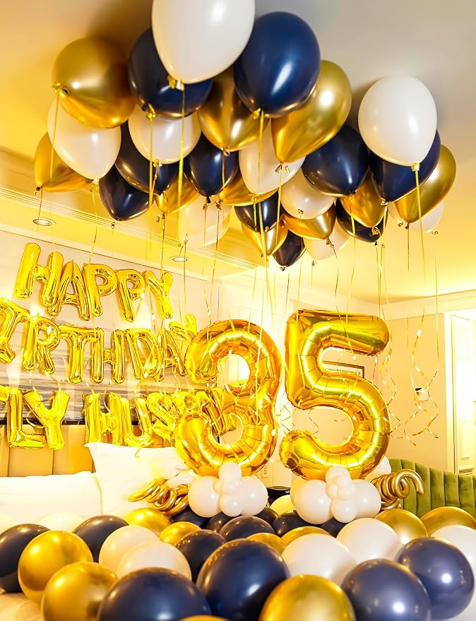 Navy Blue and Gold Balloons, Party Decor | Dark Blue Metallic Gold White - Image 6