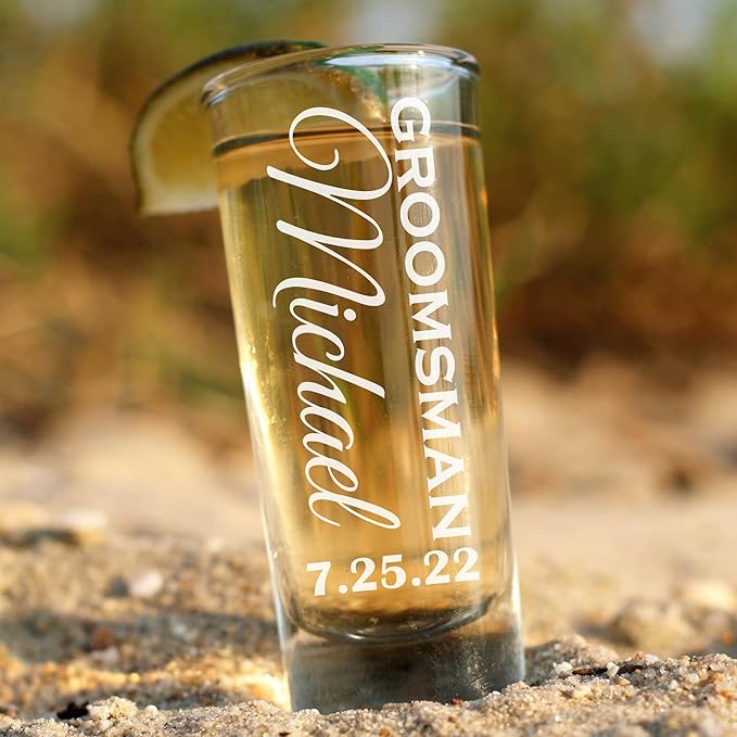 Custom Engraved 2 oz Shot Glass – Personalized Etching – Groomsman & Bridesmaid Gift – Wedding Favor Shot Glasses Set of Six