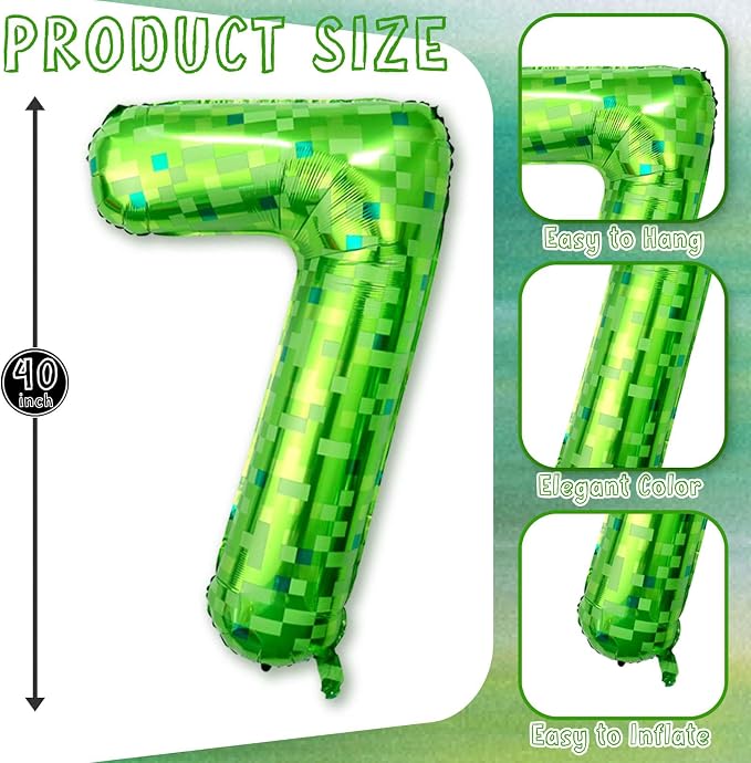 40 Inch Green Pixel Number 7 Balloon, Lime Green Large Foil Number Balloon 7th - Image 3