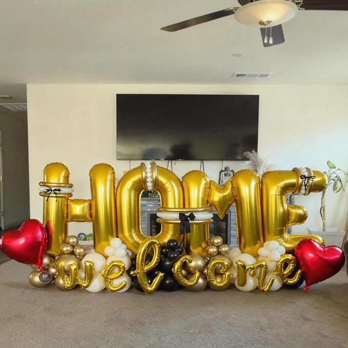 Welcome Home Balloons Red Gold, 40Inch HOME and 16Inch Welcome Foil Balloons - Image 4