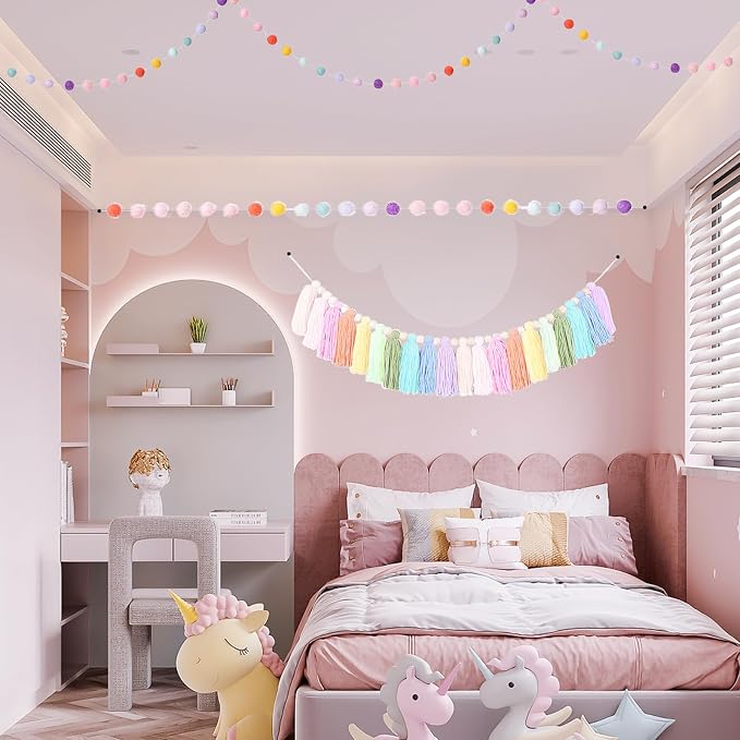 2 PCS Rainbow Boho Tassel Garland, 6.5 Feet Pom Pom Tassel 20 Felt Balls - Image 6