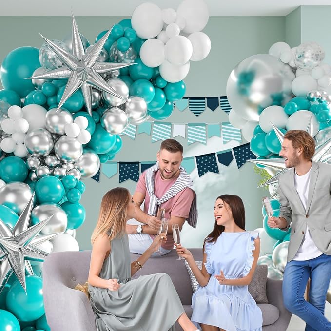 BAUANOOY 125pcs Teal Silver and White Balloon Garland Arch Kit | Wedding - Image 7
