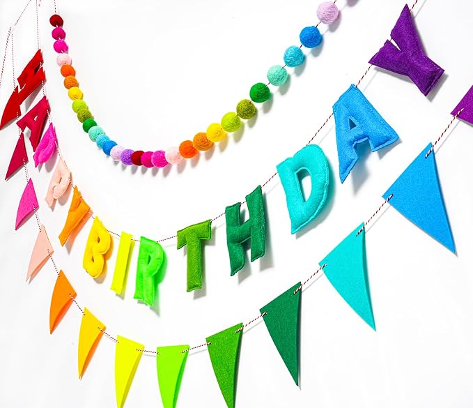 3 Pcs Pre-Strung Reusable Happy Birthday Banner, Handmade Wool Felt Ball Garland - Image 2