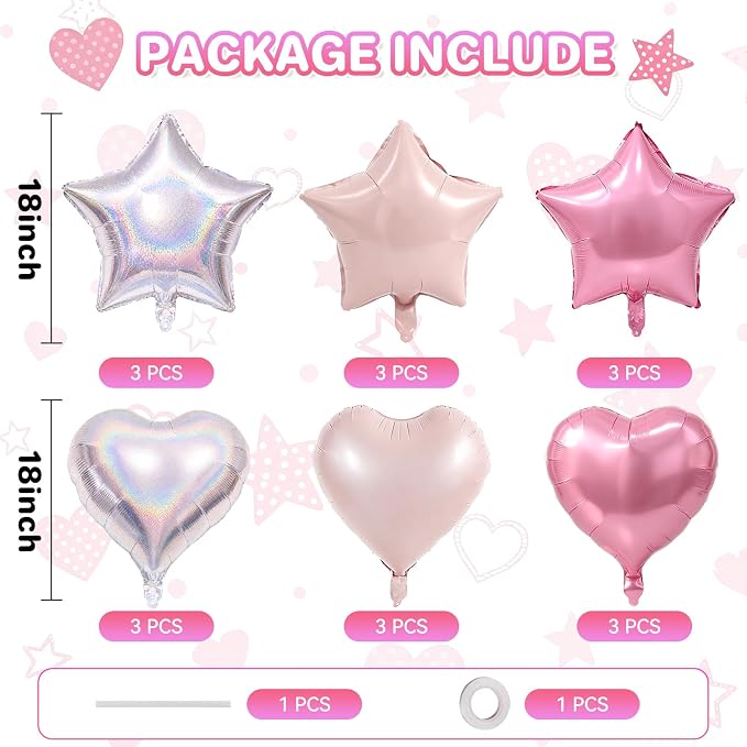 TONIFUL 18 Inch Pink Silver Star and Heart Foil Balloons - Image 2