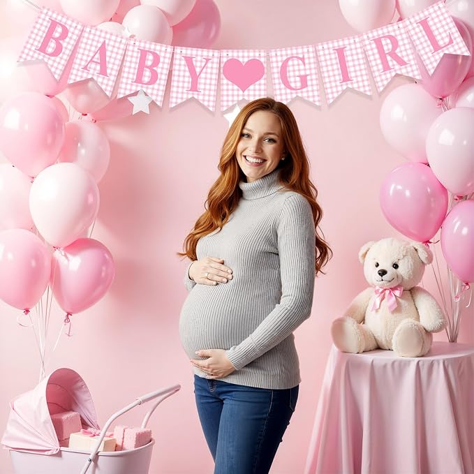 Hahafelt 1 Pcs Pink Gingham Baby Girl Banner - Image 5
