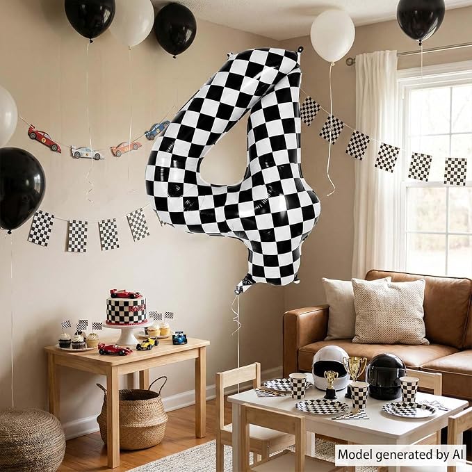 40 Inch Checkered Number 4 Balloon, Large Foil Black and White Number Balloons - Image 3