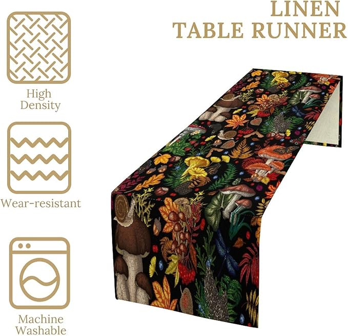 Nature Mushroom Table Runner,Retro Boho Floral Botanical Plant Forest Pattern Print Tablecloth Burlap for Hotel Indoors Outdoor Dining Room Kitchen Holiday Party, 13x70in