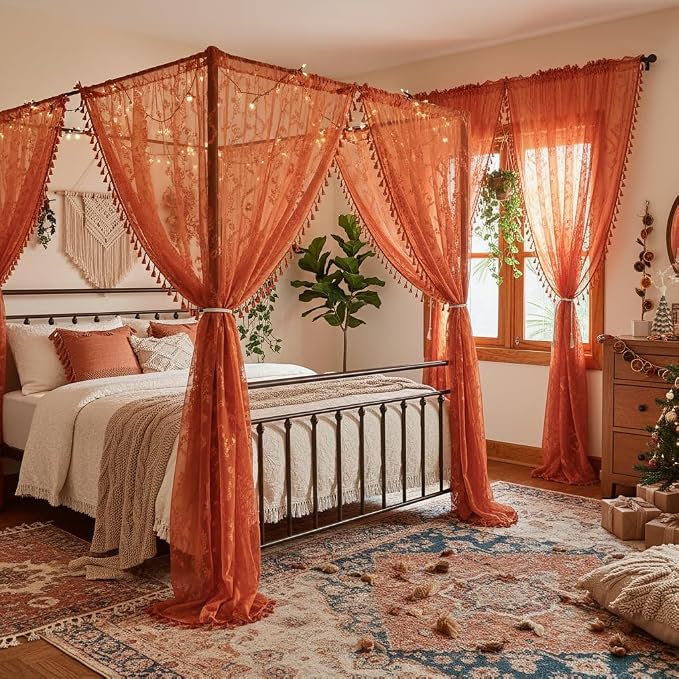 WAZZIO Boho Lace Curtains 90 Inch 2 Panels-Vintage Sheer Panel Drape Floral - Image 2