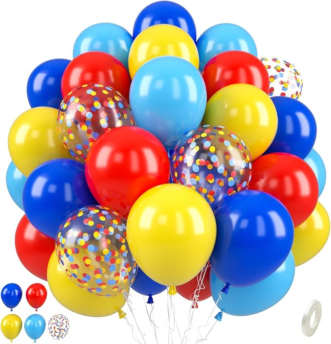 Red Yellow Blue Balloons, 12 Inch Royal Light Blue mattee Red Yellow Confetti by Paready