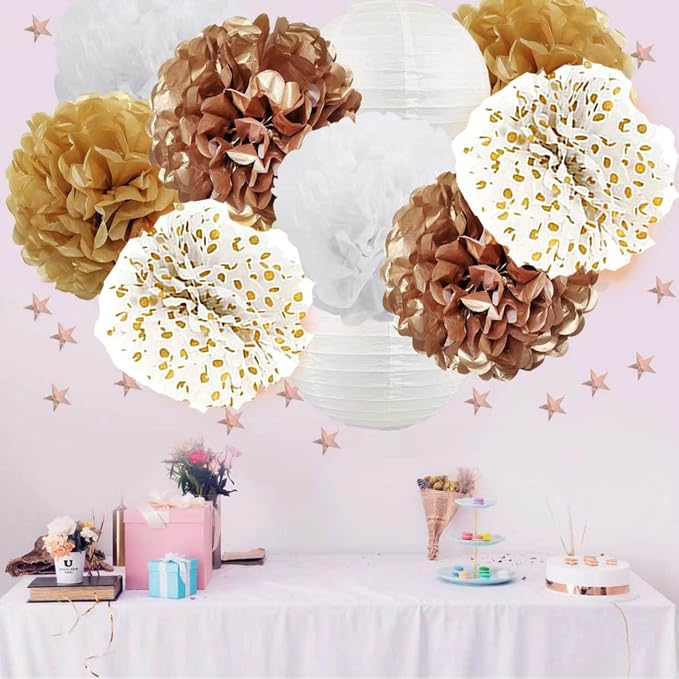 BRZIKWT 12 Pcs White Gold Tissue Paper Pom Poms - Image 4