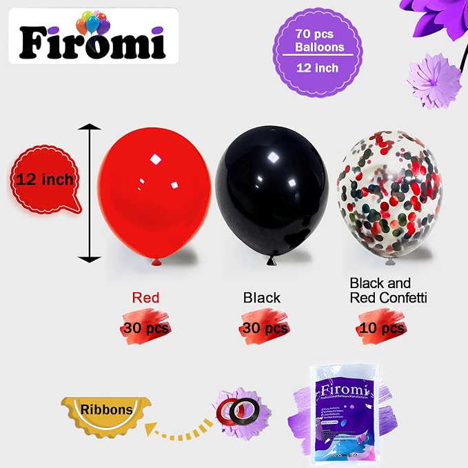 Firomi Red and Black Latex Balloons 12 Inch 70 pack Set | Black and Red - Image 2