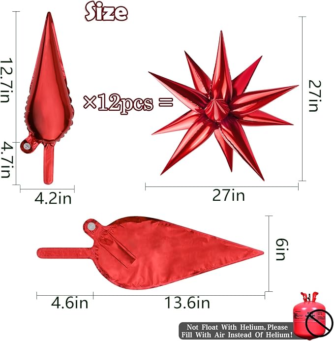 60Pcs Red Star Balloons 12 Point Cone Explosion Star Foil Balloon | 60 Pcs Red - Image 2
