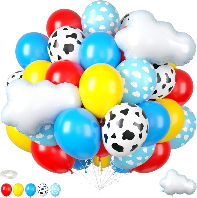 Red Yellow Blue Balloons, 12 Inch Light Blue Cloud Cow Print Latex Balloons by FunHot