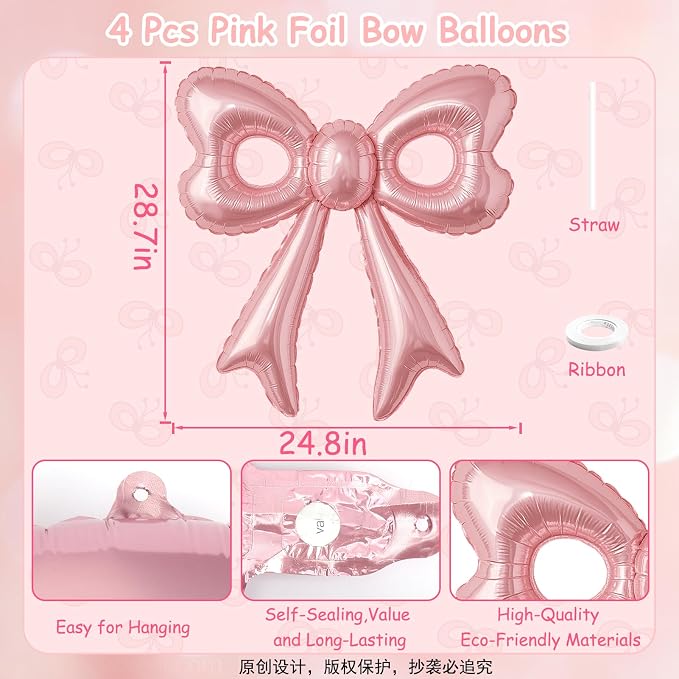 4 Pcs Pink Bow Balloons, 31”Huge Bow Aluminum Foil Balloons - Image 7