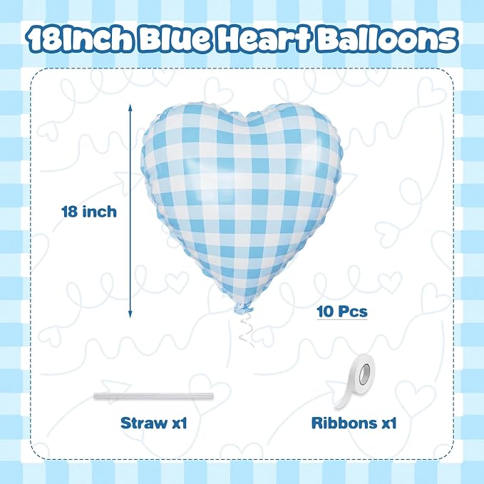 Blue Checkered Heart Balloons, 18 Inch Pastel Blue and White Gingham Heart - Image 2