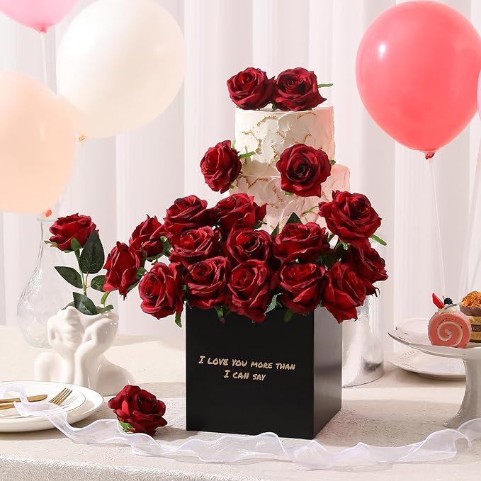 Tifuly 12pcs Red Roses Artificial Flowers,Realistic Long Stem Fake Silk Roses Bouquet for Party Home Wedding Centerpiece Office DIY Decor（Burgundy）