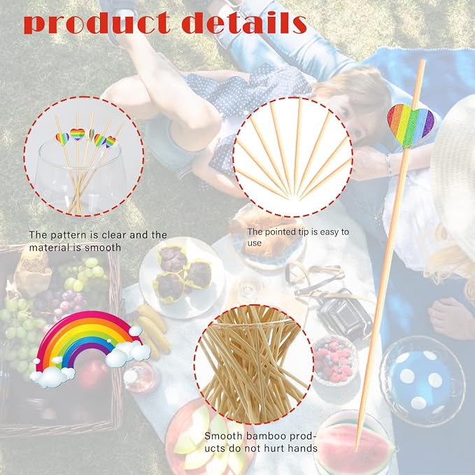 100pcs Rainbow Color Love Heart Cocktail Picks Rainbows Stripe Decoration - Image 3