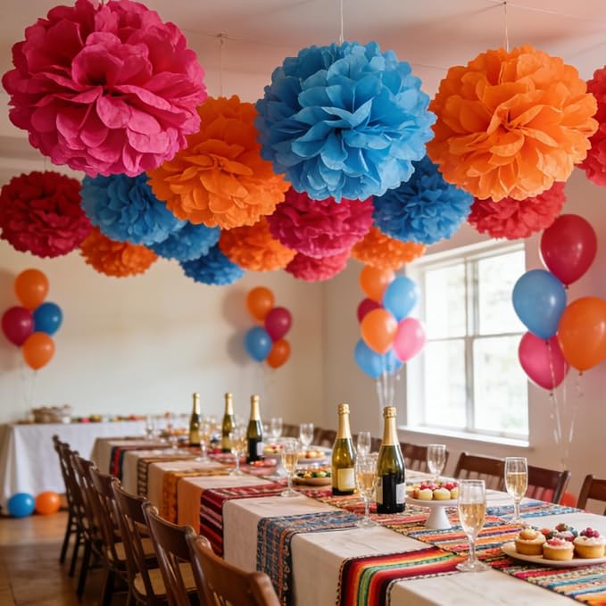 Rose Red Orange Blue Red Paper Pom Poms - Image 4