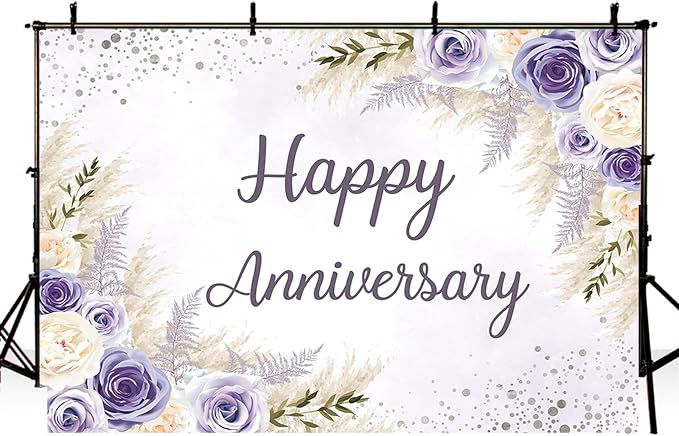 MEHOFOND Boho Happy Anniversary Backdrop Purple Floral Bohemia Pampas Grass - Image 3