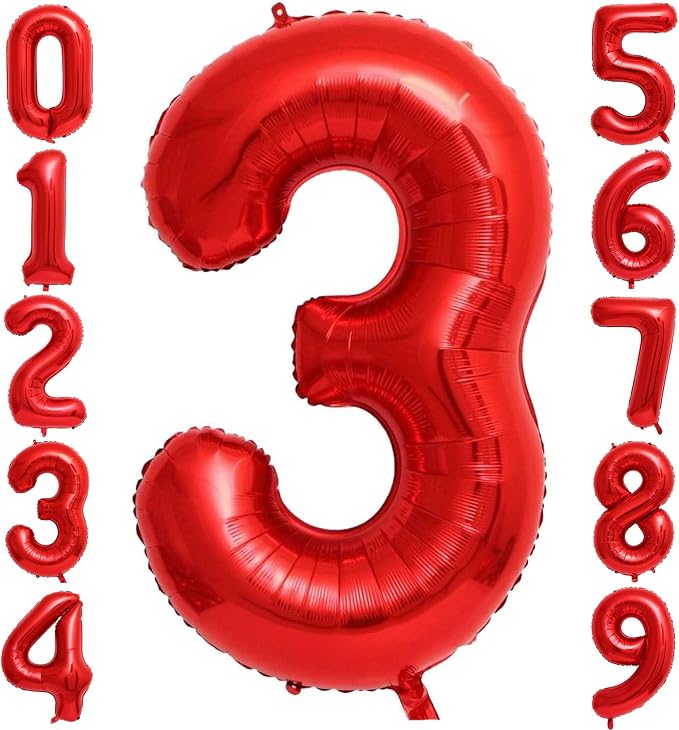 Red 3 Number Balloons, 40 Inch 3 Balloons Foil Mylar Helium Big Red 3 Balloon by BBPOOL