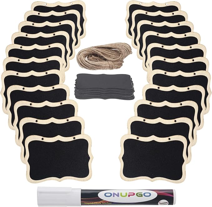 ONUPGO Mini Erasable Chalkboards, 20 Pack Wooden Hanging Labels, Price & Message Tags, Party Event Decorations