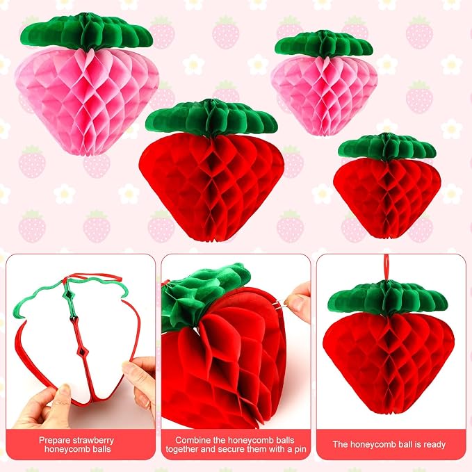 12 Pcs Paper Strawberry Honeycomb Ball - Image 2