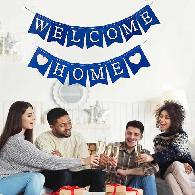 Welcome Home Banner Decorations Glitter Blue Bunting Backdrop - Image 5