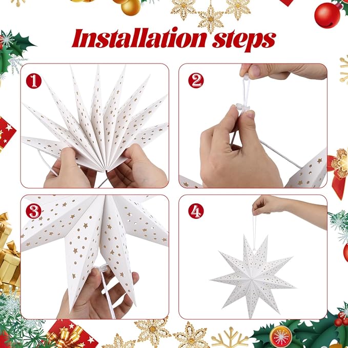 OSALADI 3Pcs Paper Star Lantern Lampshade 9 Pointed Star Hanging Decorations - Image 3