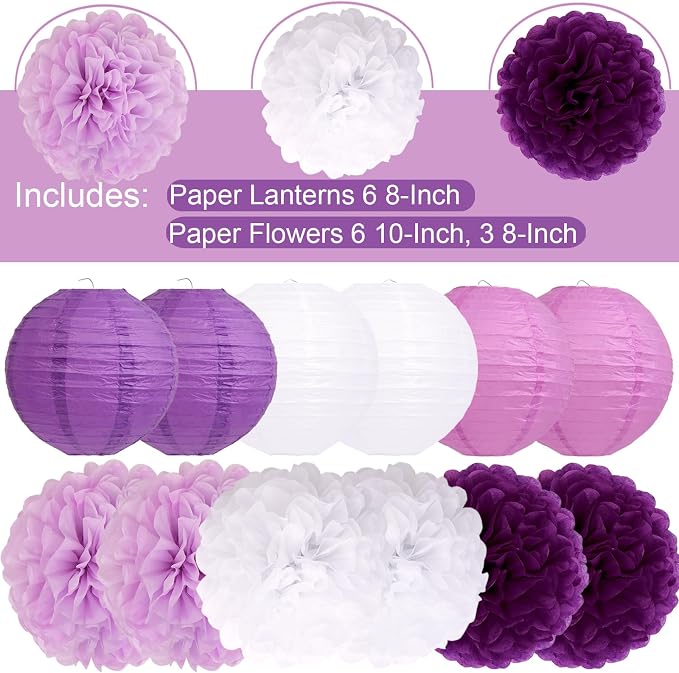 Purple Birthday Party Decorations Paper Lanterns and Pom Poms 15pcs Set | Baby - Image 4