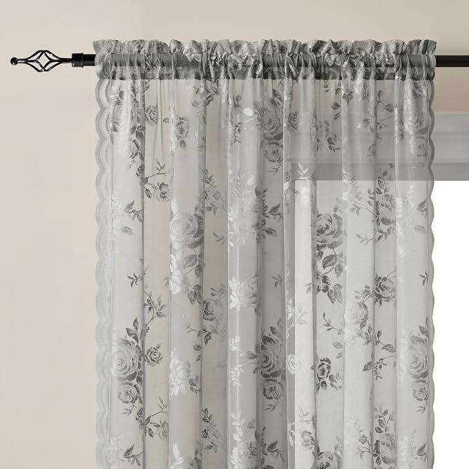 Gray Lace Curtains 72 Inch Length 2 Panels Set - Image 3