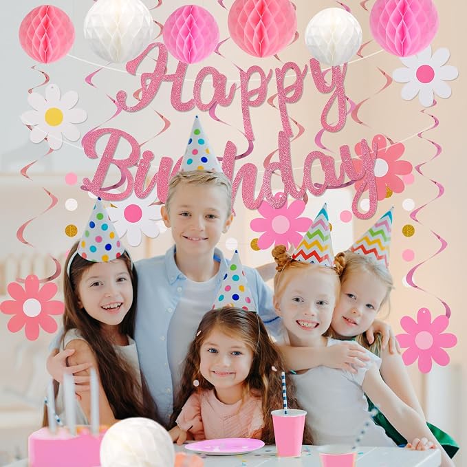 YEOCU Birthday Decorations, No DIY Pre-Strung Happy Birthday Banner | Pink - Image 6