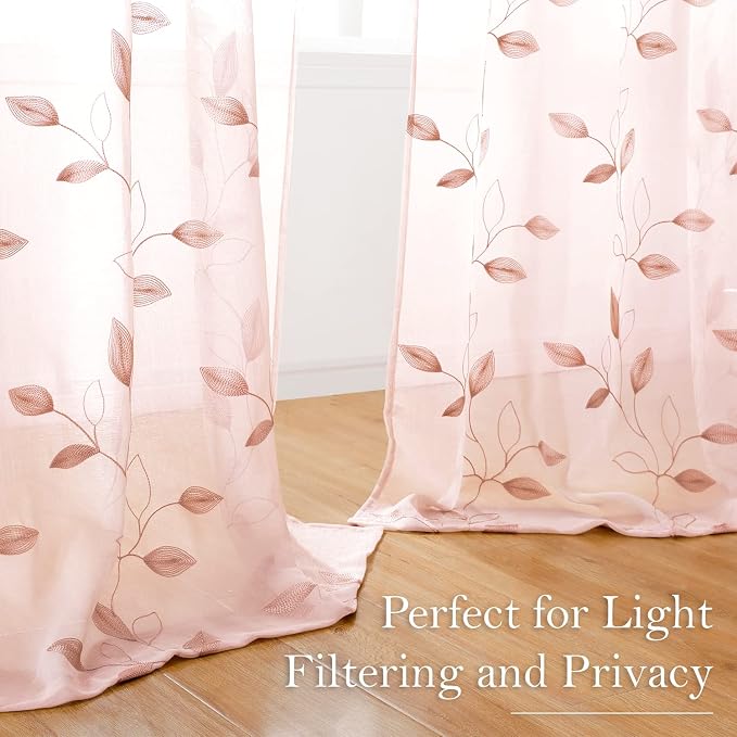 HOMEIDEAS Blush Pink Sheer Curtains 2 Panels Set, Embroidered Leaf, W52xL63 | - Image 6